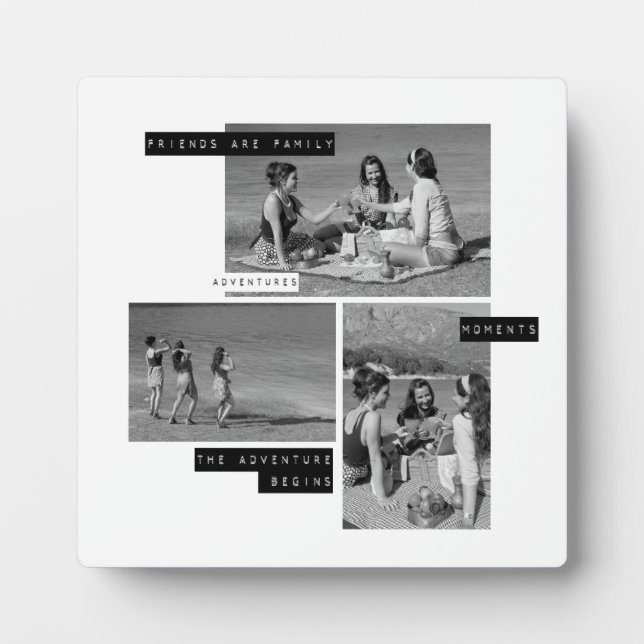Best Friends 3 Photos Collage Modern Black & White Plaque (Front)