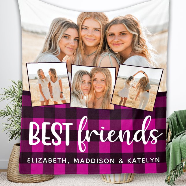 Best Friends 4 Photo Collage Buffalo Plaid Pink Fl Fleece Blanket (Creator Uploaded)