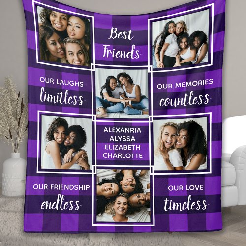 Best Friends 6 Photo Collage Unique Purple Plaid Fleece Blanket