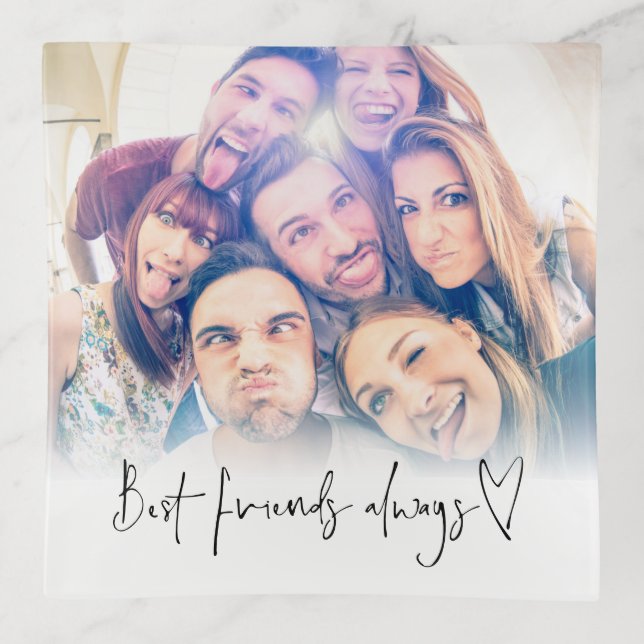 Best Friends Always Modern Heart Script Photo Trinket Tray (Front)