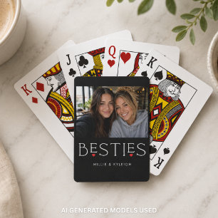 Best Friends Bestie Heart Typography Black Photo Poker Cards
