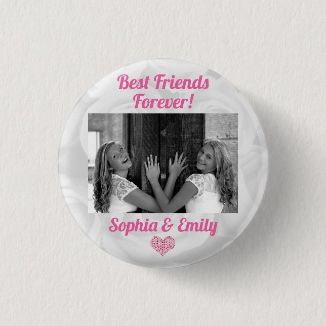 Best Friends Besties BFF Add Photo Names Cute Pink Button (Front)
