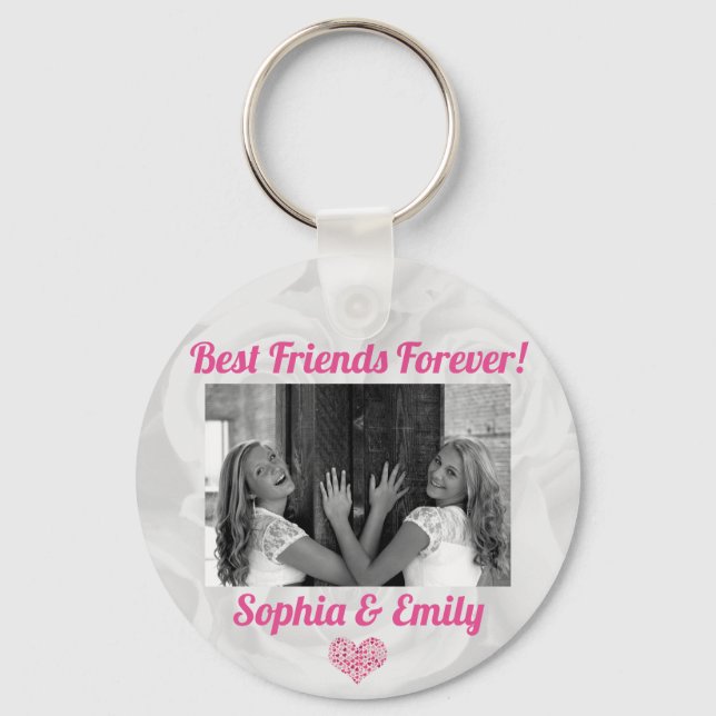 Best Friends Besties BFF Add Photo Names Cute Pink Keychain (Front)