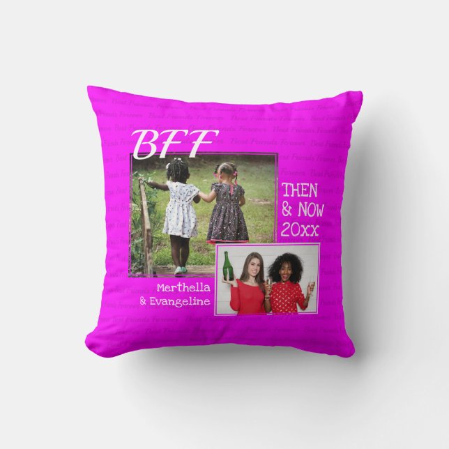 BEST FRIENDS BFF | 2 PHOTO Memory | Keepsake Pink Throw Pillow (Front)