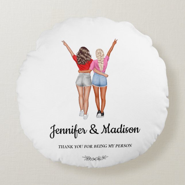 Best Friends BFF Besties Friendship Custom Name Round Pillow (Front)