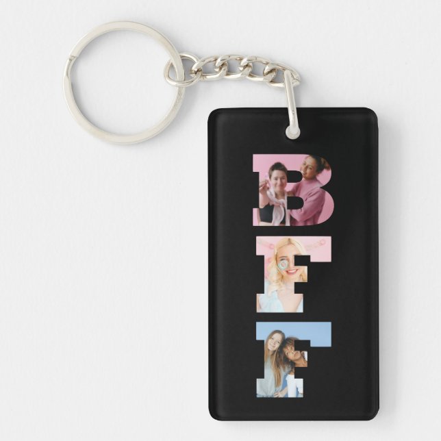 Best Friends BFF Photo Grid Collage Heart Script Keychain (Front)