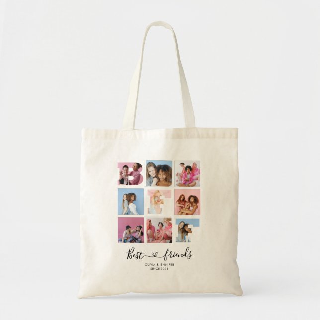 Best Friends BFF Photo Grid Collage Heart Script Tote Bag (Front)