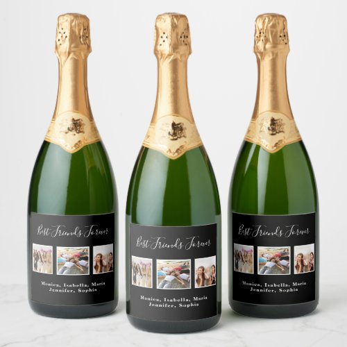 Best friends black photo names fun sparkling wine label