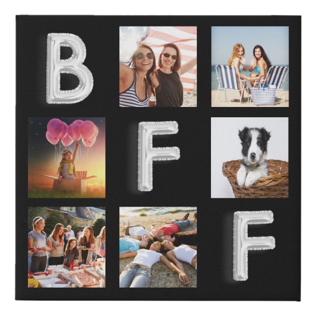 Best Friends black silver photo collage BFF Faux Canvas Print (Front)
