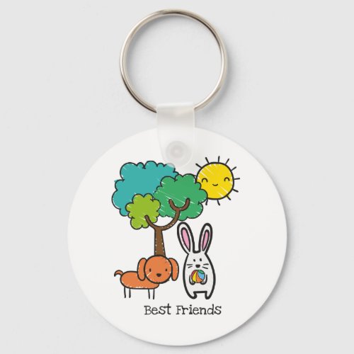 Best Friends Bunny and Dog Playing Ball Keychain