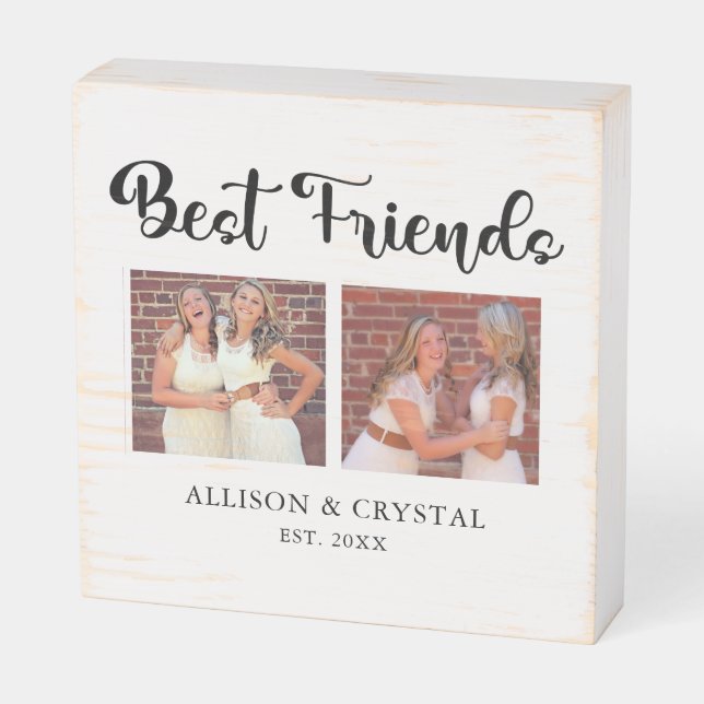 Best Friends Calligraphy 2 Photo Collage BFF's Wooden Box Sign (Angled Horizontal)