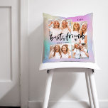 Best Friends | Casual Script and Multi Photo Grid Throw Pillow<br><div class="desc">This ultra modern, holographic look background pillow is the perfect gift for your best friend! There is room for four of your favorite personal photos on the back, plus casual script typography that says "best friends" and a cute heart. The back features one large photo. Add your name and the...</div>