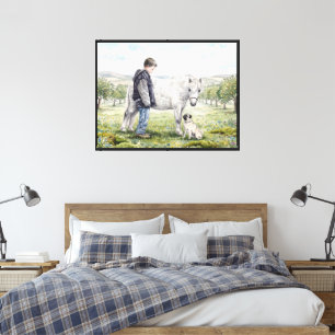 Best Friends-Child with Pony and Dog in an Orchard Canvas Print