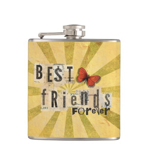 Best Friends Collage Word Cutout Vintage Butterfly Flask