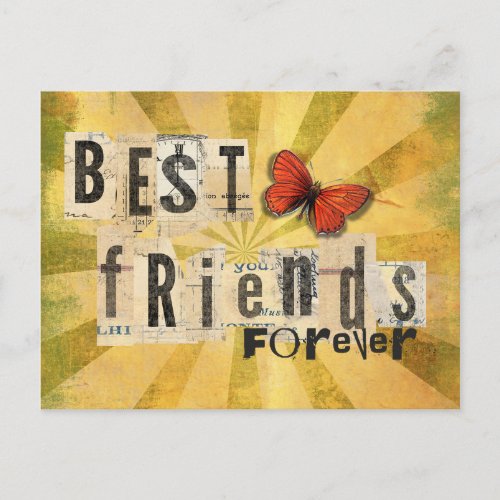 Best Friends Collage Word Cutout Vintage Butterfly Postcard