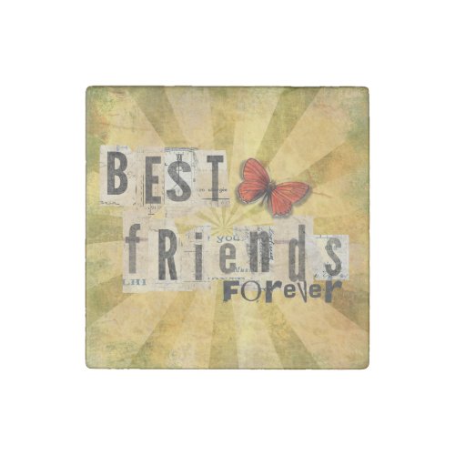 Best Friends Collage Word Cutout Vintage Butterfly Stone Magnet