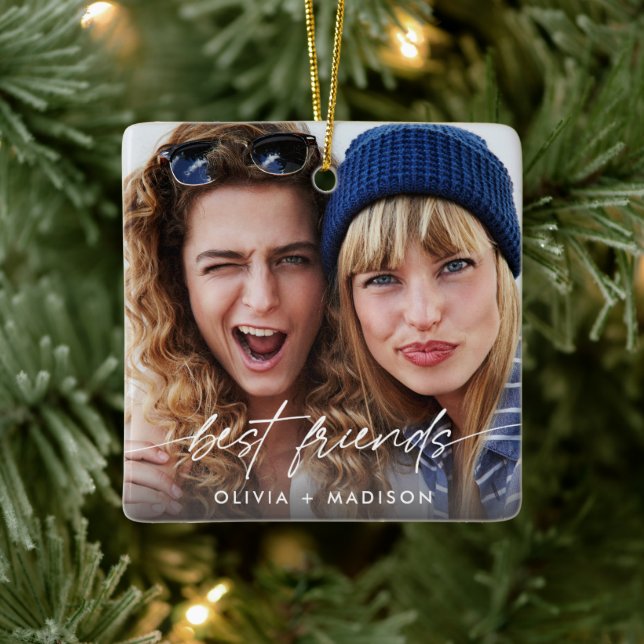 Best Friends Create Your Own Photo Modern Script Ceramic Ornament (Tree)