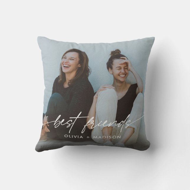 Best Friends Create Your Own Photo Modern Script Throw Pillow (Back)