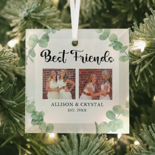 Best Friends Custom 2 Photo Collage Eucalyptus Glass Ornament