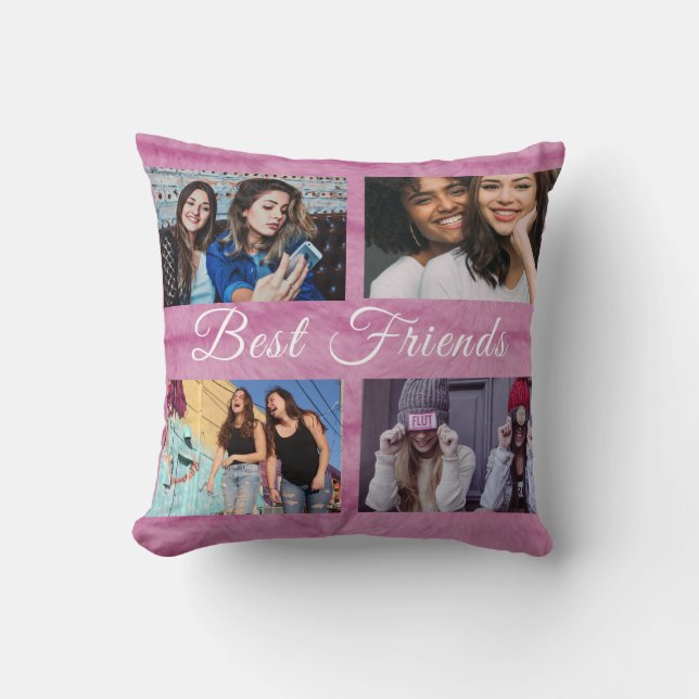Best Friends Custom 4 Photo Collage pink faux fur Throw Pillow (Front)