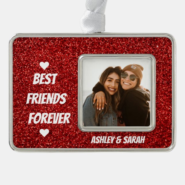 Best Friends Custom Photo and Name Red Glitter Christmas Ornament (Front)