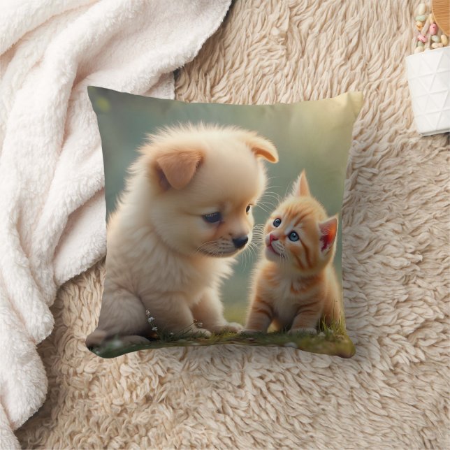 Best friends - cute puppy and kitten in the grass throw pillow (Blanket)
