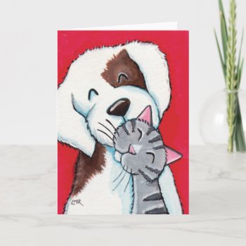 Best Friends - Cute Whimsical Tabby Cat & Dog Art Card by LisaMarieArt at Zazzle