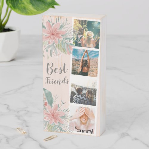 Best friends floral watercolor 4 photo grid pink wooden box sign