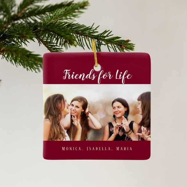 Best friends for life photo burgundy names ceramic ornament (Creator Uploaded)