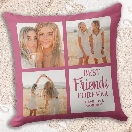 Best Friends Forever 3 Photo Collage Modern Pink Throw Pillow