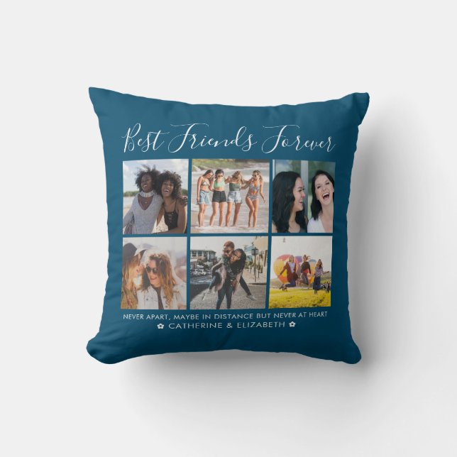 Best Friends Forever 6 Photo Quote Script Blue Throw Pillow (Front)