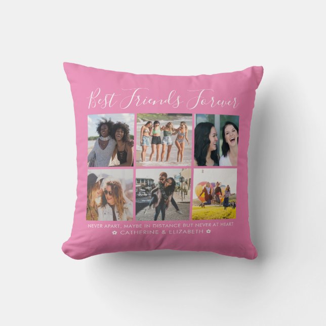 Best Friends Forever 6 Photo Quote Script Pink Throw Pillow (Front)