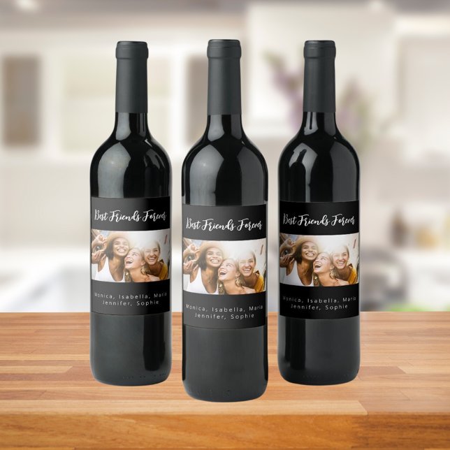 Best friends forever besties black photo wine label (Creator Uploaded)