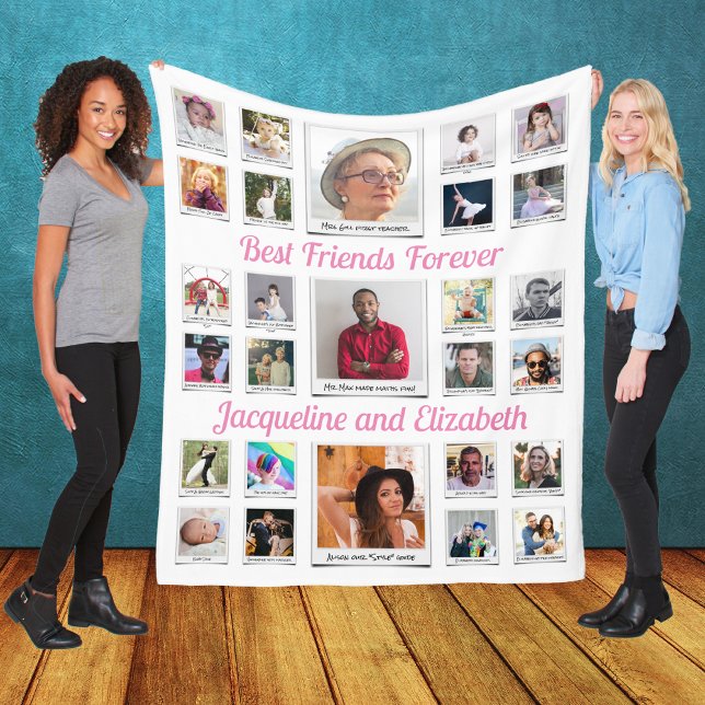 Best Friends Forever BFF Besties Photos & Text Fleece Blanket (Best Friends Forever White Fleece Blanket with custom photo collage)