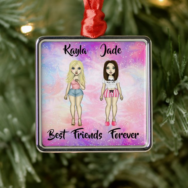 Best Friends Forever Blonde and Brunette Custom  Metal Ornament (Tree)