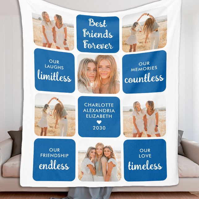 Best Friends Forever Custom 6 Photo Collage Blue  Fleece Blanket (Creator Uploaded)