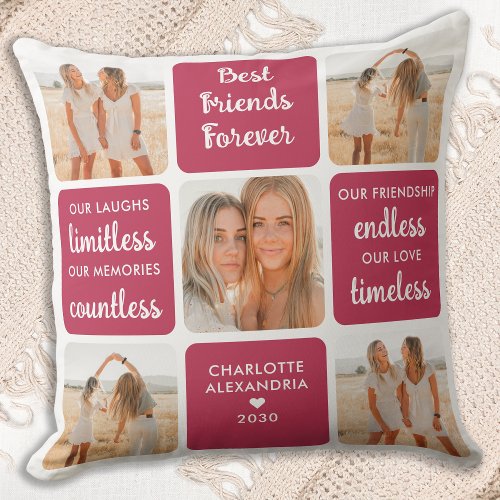Best Friends Forever Custom Magenta Photo Collage Throw Pillow