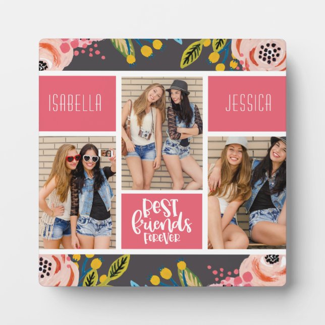 Best Friends Forever Floral Photo Collage BFF Plaque (Front)