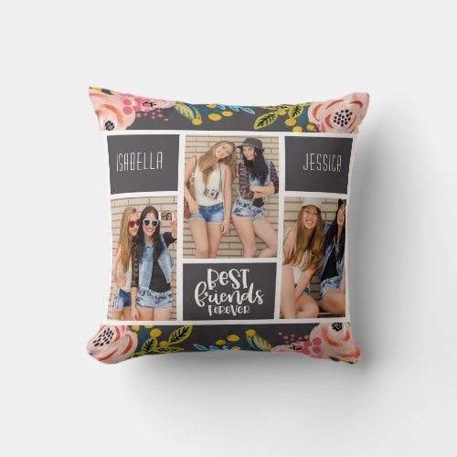 Best Friends Forever Floral Photo Collage BFF Throw Pillow