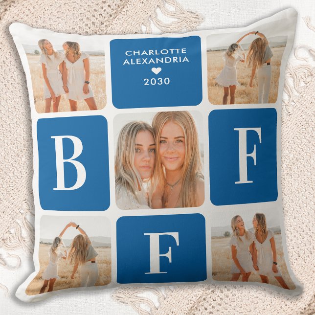 Best Friends Forever Modern Blue Photo Collage BFF Throw Pillow (Creator Uploaded)