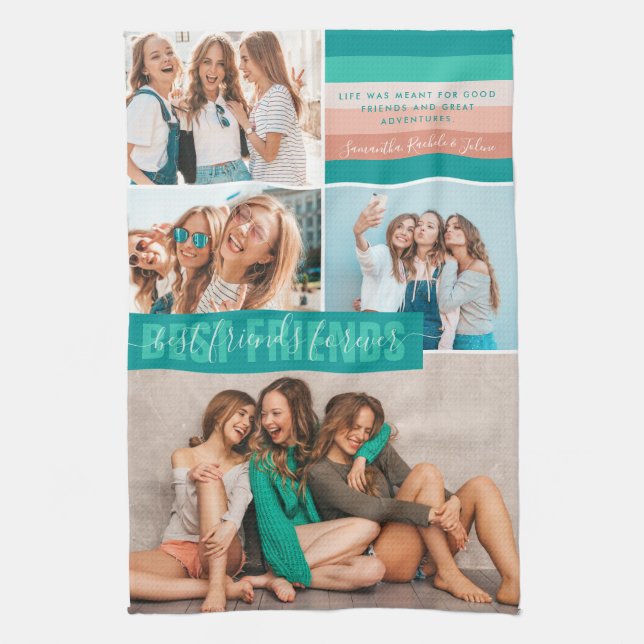 Best Friends Forever | Modern Stripes BFF 4 Photo Kitchen Towel (Vertical)