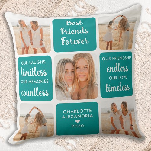 Best Friends Forever Modern Teal Color BFF 5 Photo Throw Pillow
