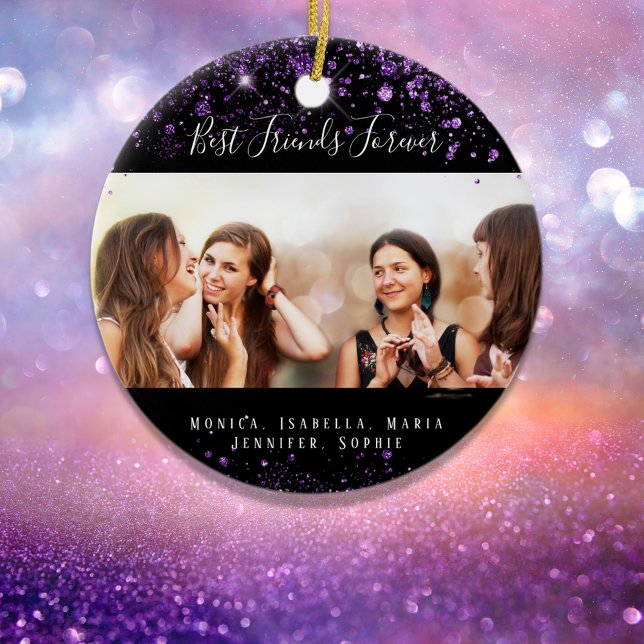 Best friends forever photo black purple glitter ceramic ornament (Creator Uploaded)