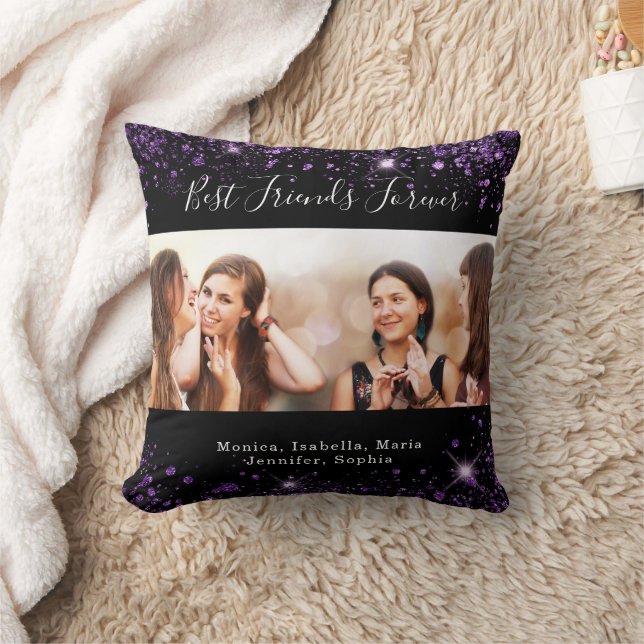 Best friends forever photo black purple glitter throw pillow (Blanket)