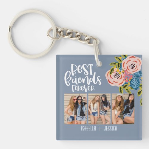  Best Friends Forever Photo Collage Floral Keychain