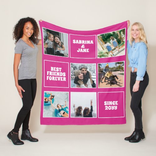 Best Friends Forever Photo Collage Modern Magenta  Fleece Blanket