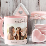Best friends forever photo names blush pink mug<br><div class="desc">A gift for your best friend(s) for birthday favor,  Christmas or a special event. Gray text: Best Friends Forever,  written with a trendy hand lettered style script. Personalize and use your own photo and names. A girly blush pink,  rose gold colored background.</div>