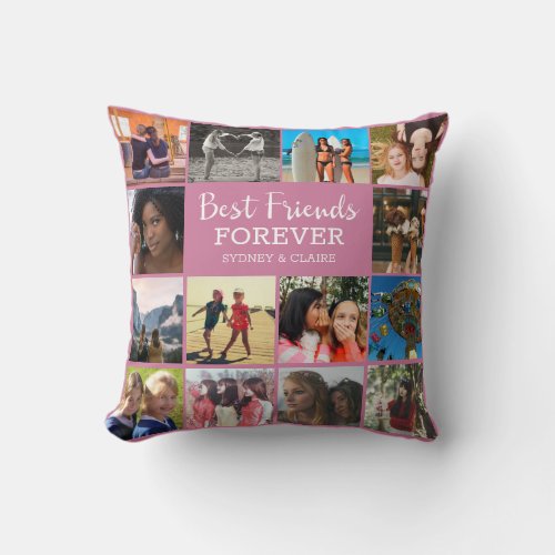 Best Friends Forever Pink Photo Collage Friendship Throw Pillow