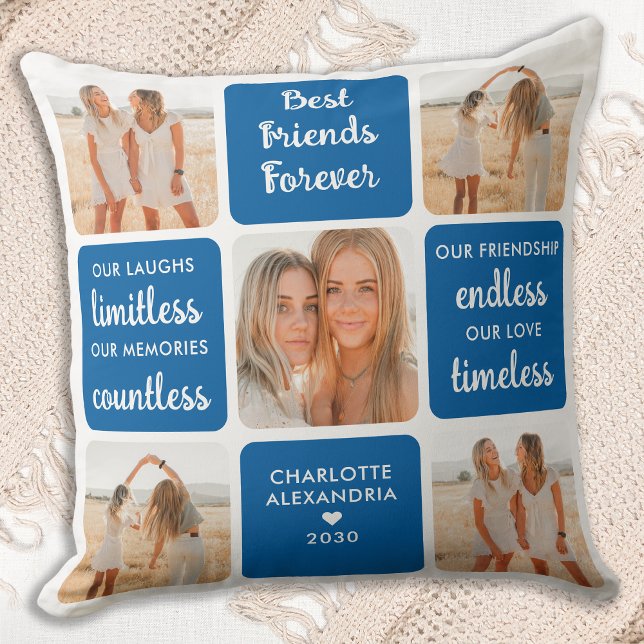Best Friends Forever Retro Blue Custom 5 Photo Throw Pillow (Creator Uploaded)