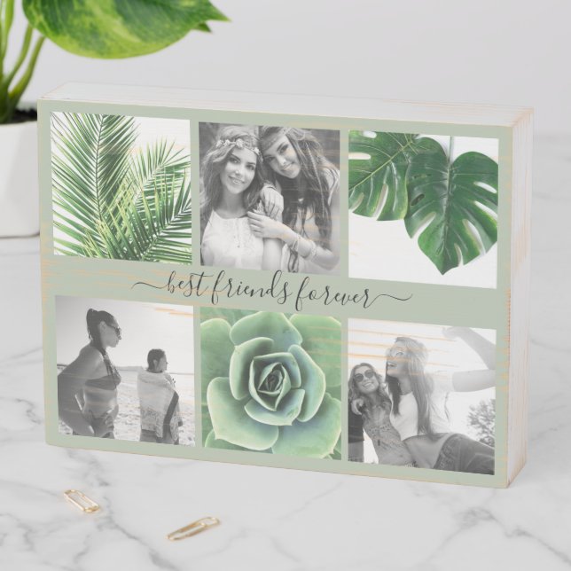 Best friends forever sage green 6 photo collage  wooden box sign (In Situ Horizontal)